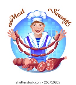 Happy chef  with sausage and meat. Vector illustration.
