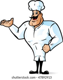 Happy Chef showing or pointing at something.