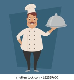 Happy chef staying with a dish tray. Funny cartoon character. Vector art. 
