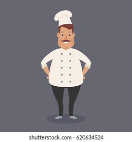 Happy chef staying on dark background. Funny cartoon character. Vector art. 
