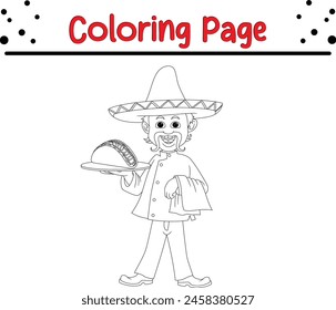 happy chef with tacos coloring book page for adults and kids