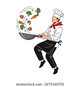 Happy chef tossing shrimp, broccoli, and carrots in wok, cooking illustration, vibrant culinary scene, professional chef, stir-fry preparation, kitchen activity, food artwork.