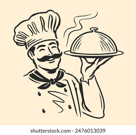 Happy chef with tray of food in hand. Vector illustration for restaurant or cafe menu. Cooking emblem or logo