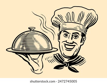 Happy chef with tray. Male cook in hat with cloche in hand. Vector illustration for restaurant or cafe menu