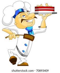 Happy chef in uniform with a cake isolated. Vector version.