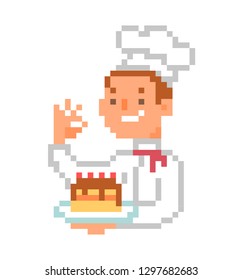 Happy chef in uniform presenting cake, 8 bit pixel art cartoon character isolated on white background. Male baker mascot. Man showing dessert. Restaurant/cafe logo.