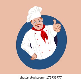 Happy chef in white overalls.