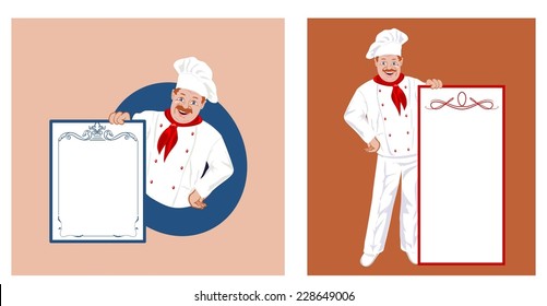 Happy chef in white overalls.