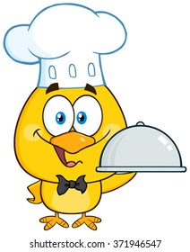 Happy Chef Yellow Chick Cartoon Character Holding A Cloche Platter. Vector Illustration Isolated On White