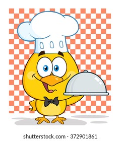 Happy Chef Yellow Chick Cartoon Character Holding A Cloche Platter Holding A Platter Over Checkers. Vector Illustration Isolated On White