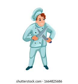 The happy chef-cook male character holding a knives. Vector illustration in flat cartoon style.