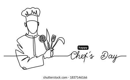 Happy Chefs Day simple vector web banner, border, background, poster. Lineart illustration with text Chefs Day. One continuous line drawing.