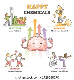 Happy Chemicals As Good And Positive Mood Hormonal Collection Outline Diagram. Anatomical Feeling Explanation With Serotonin, Dopamine, Oxytocin And Endorphin As Emotion Causes From Physiology Aspect.