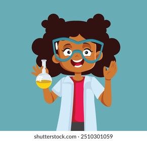 
Happy Chemistry Student Holding a Test Tube Vector Cartoon. Little Kid doing fun experiments in the lab feeling excited 
