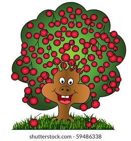 A happy cherry tree illustration on white background, smiling cartoon tree with fruits