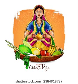Happy Chhath puja Indian festival celebration greeting card vector