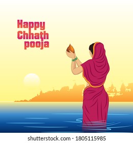 Happy Chhath Puja. Indian woman in traditional wear, pray into the river on Chhath Puja Festival.