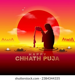 Happy Chhath Puja Poster design. Background of sun rise and women doing prayer of God Sun in river. Festival of India.