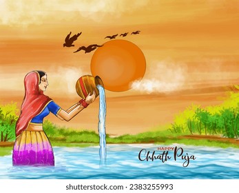 Happy Chhath puja religious sun worship Indian festival background vector