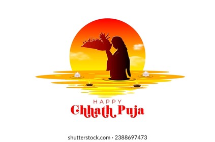 Happy Chhath Puja vector poster design. Indian women standing in pound and doing prayer of god sun.