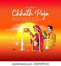 Feliz Puja de Chahath. Adoração ao conceito de Deus do Sol. Cartaz, banner, cartão de saudação e post-design de mídia social do Festival da Índia.