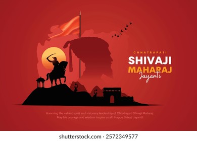 Happy Chhatrapati Shivaji Maharaj Jayanti Post and Banner Design. Shivaji Jayanti Celebration Background with Text and Maratha Flag Vector Illustration