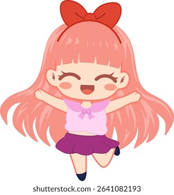 Happy Chibi Girl Jumping with Joy – Flat Cartoon Style Illustration
