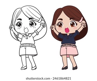 Happy chibi girl pink skirt in color and black and white version