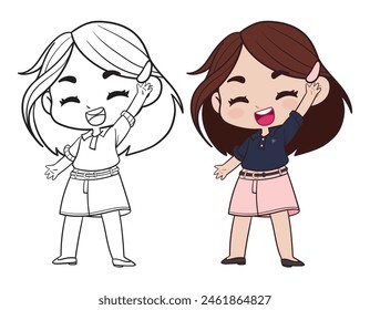 Happy chibi girl pink skirt in color and black and white version