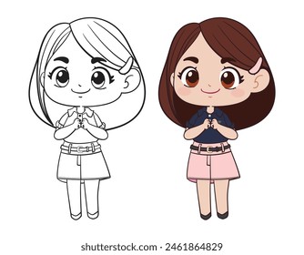 Happy chibi girl pink skirt in color and black and white version