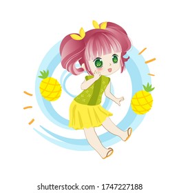 happy chibi pink haired little girl in summer theme