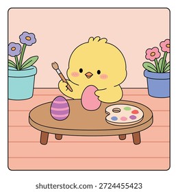 Feliz pintando ovos de páscoa ilustração vetor. Chick Aprendendo a Pintar Ovos de Páscoa Vetor de Ilustração. Feliz cartão de Páscoa imprimível. 