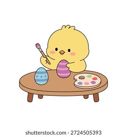 Feliz pintando ovos de páscoa ilustração vetor. Chick Aprendendo a Pintar Ovos de Páscoa Vetor de Ilustração. Feliz cartão de Páscoa imprimível. 