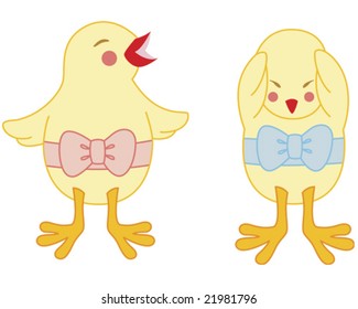 a happy chick with pink ribbon and a sad chick with blue ribbon