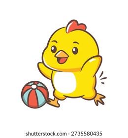 A happy chick running and playing with a striped colorful toy ball.