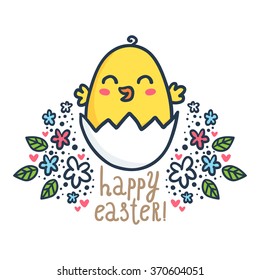 Happy chick - vector Easter greeting card design template with bright sketchy character and floral decorations isolated on white