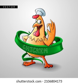 Happy chicken cartoon with green ribbon making the awesome sign