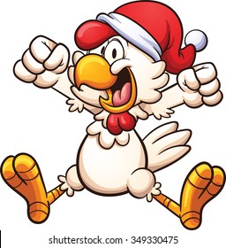 Happy chicken with a Christmas hat. Vector clip art illustration with simple gradients. All in a single layer.