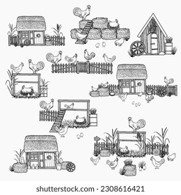 Happy chicken clipart. Farm Animals, Rooster, Hen, Bio Eggs, Coop, Chicks, Nest, Eco Village. Line art. Stock illustration. Hand painted