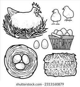 Happy chicken clipart. Farm Animals, Rooster, Hen, Bio Eggs, Coop, Chicks, Nest, Eco Village. Isolated elements. Stock illustration. Hand painted line art, doodle.