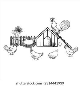 Happy chicken clipart. Farm Animals, Rooster, Hen, Bio Eggs, Coop, Chicks, Nest, Eco Village. Isolated elements. Stock illustration. Hand painted line art, vector.