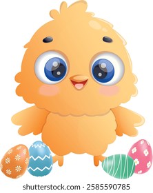 Happy chicken with decorated Easter eggs during Easter celebration.