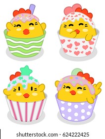 Happy chicken disguised as muffins (set of four kawaii illustrations)
