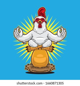 Happy Chicken Doing Yoga Meditation Above A Golden Egg On A Nest.