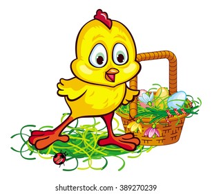 Happy chicken with Easter basket