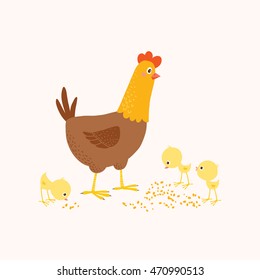 Happy Chicken Family - Hen With Baby Chicks. Easter Card. Mothers Day Concept. Cartoon Vector Hand Drawn Eps 10 Illustration Isolated On White Background.