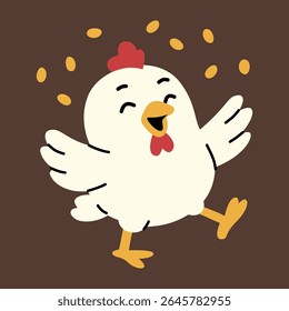 Happy Chicken With Grains Flat Illustration