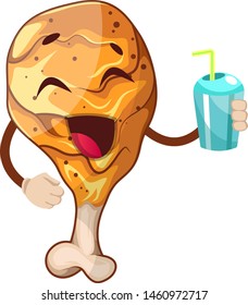 Happy chicken leg drinking juice, illustration, vector on white background.