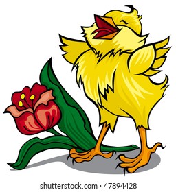 Happy chicken with red flower