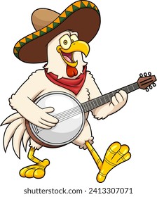 Happy Chicken Rooster Cartoon Character With Sombrero Playing The Banjo And Singing. Vector Hand Drawn Illustration Isolated On Transparent Background
